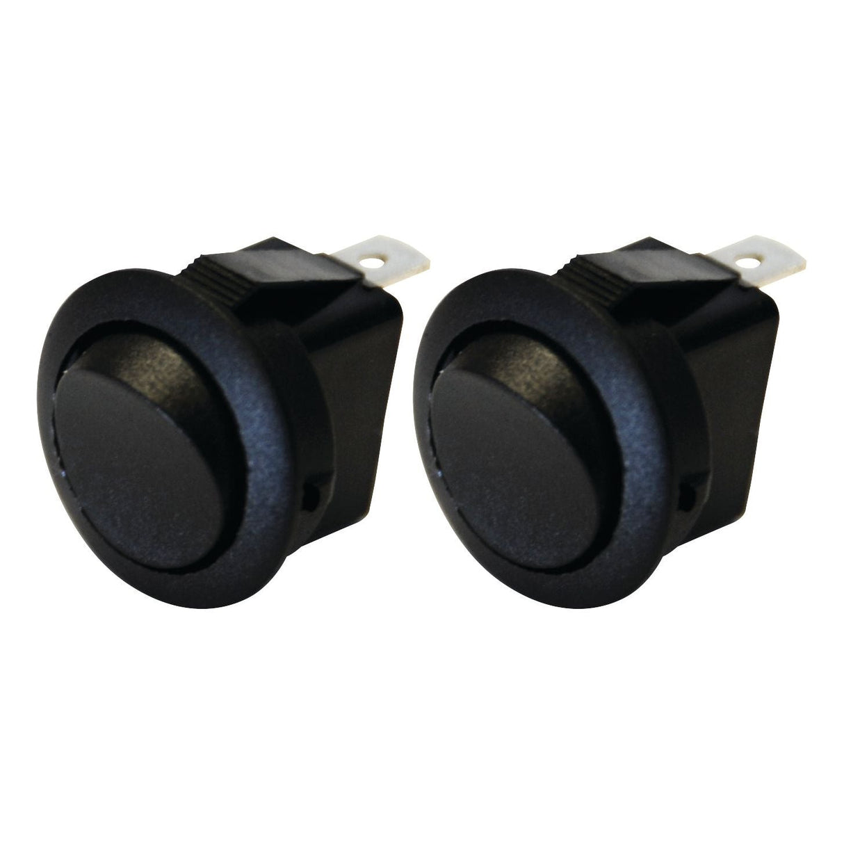 Two Rocker Switch Miniature - Universal Fitting (S.29474) by Sparex, each with two metal prongs, are shown from the front and at a slight angle. Designed for various applications, these black round rocker switches feature a precise 2-position (On/Off) mechanism.