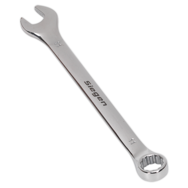A silver 11mm combination spanner, branded "Sealey," with an open-end and a box-end, crafted from Chrome Vanadium steel for added corrosion resistance. Model: S01011.