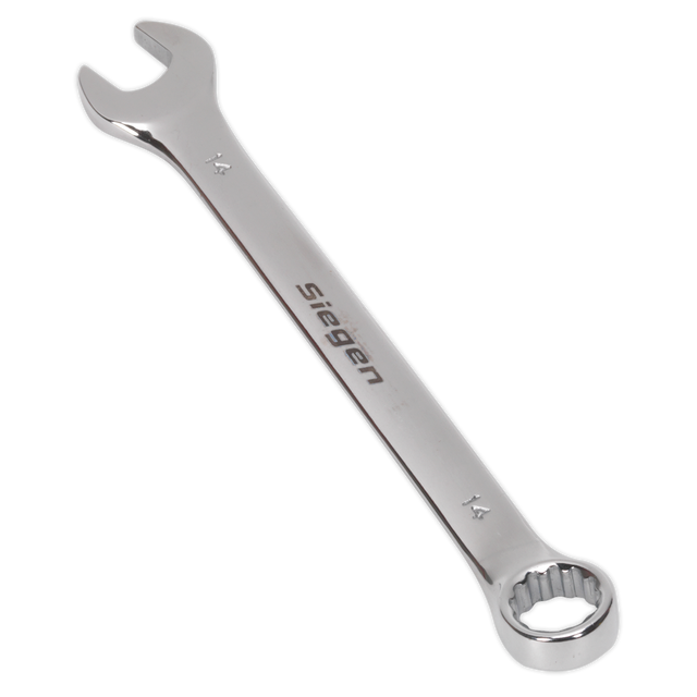 A Sealey Combination Spanner 14mm - S01014, made of Chrome Vanadium steel with an open-end and a box-end, offering superior corrosion resistance and a chrome finish, placed against a white background.