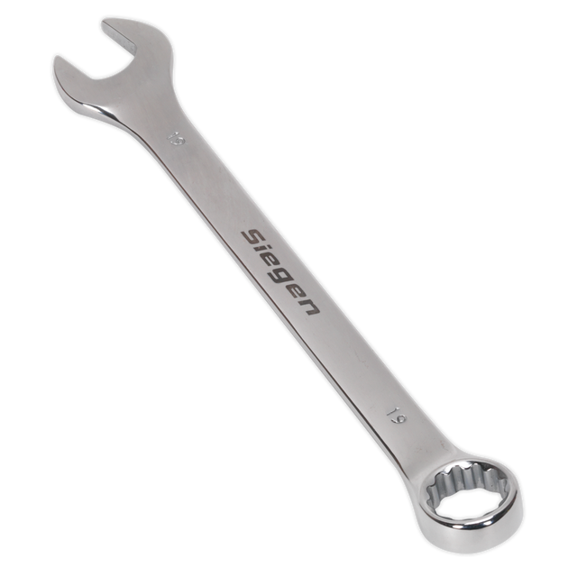 The Combination Spanner 19mm - S01019 by Sealey is crafted from Chrome Vanadium steel and features both an open-end and a box-end, clearly labeled 19 mm. Ideal for anyone seeking quality tools in their arsenal.
