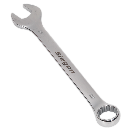 A metal combination wrench with an open-end and a box-end, crafted from Chrome Vanadium steel for exceptional durability and corrosion resistance, marked "Sealey" and "28mm - S01028" on both ends.