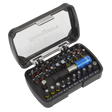 The Sealey Power Tool Bit Set 32pc Colour-Coded S2 - S01035 features a plastic case containing precision screwdrivers and bits crafted from durable S2 steel, available in various shapes and sizes. With blue-handled tools housed in dedicated slots beneath a transparent lid, this Siegen by Sealey tool kit also includes a convenient quick release chuck.