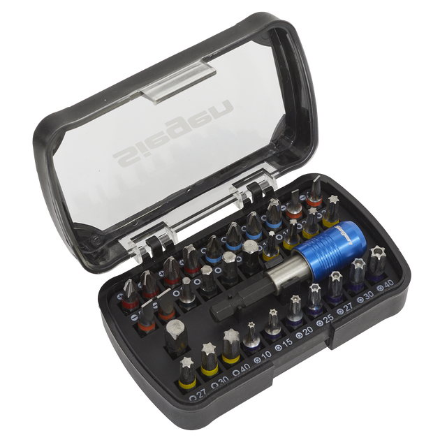 The Sealey Power Tool Bit Set 32pc Colour-Coded S2 - S01035 features a plastic case containing precision screwdrivers and bits crafted from durable S2 steel, available in various shapes and sizes. With blue-handled tools housed in dedicated slots beneath a transparent lid, this Siegen by Sealey tool kit also includes a convenient quick release chuck.