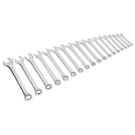 The Sealey Combination Spanner Set 18pc - S01052, made from drop-forged chrome vanadium steel, includes spanners arranged in increasing size order from left to right and offers exceptional corrosion resistance.