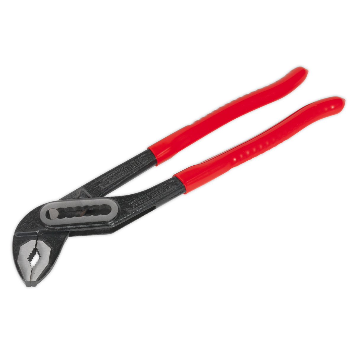 Sealey Water Pump Pliers 300mm - S01057, featuring red handles and a black metal body, crafted from hardened and tempered Chrome Vanadium steel.
