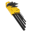 The Hex Key Set 9pc Long Metric - S01091 by Sealey includes hex keys in various sizes, neatly organized in a yellow plastic holder labeled "Siegen by Sealey." Made from durable Chrome Vanadium steel, these keys come with a lifetime guarantee.