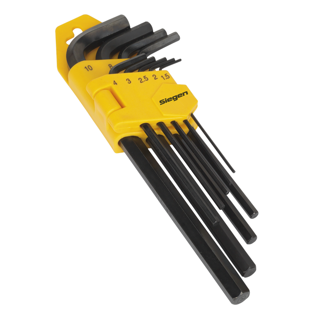The Hex Key Set 9pc Long Metric - S01091 by Sealey includes hex keys in various sizes, neatly organized in a yellow plastic holder labeled "Siegen by Sealey." Made from durable Chrome Vanadium steel, these keys come with a lifetime guarantee.