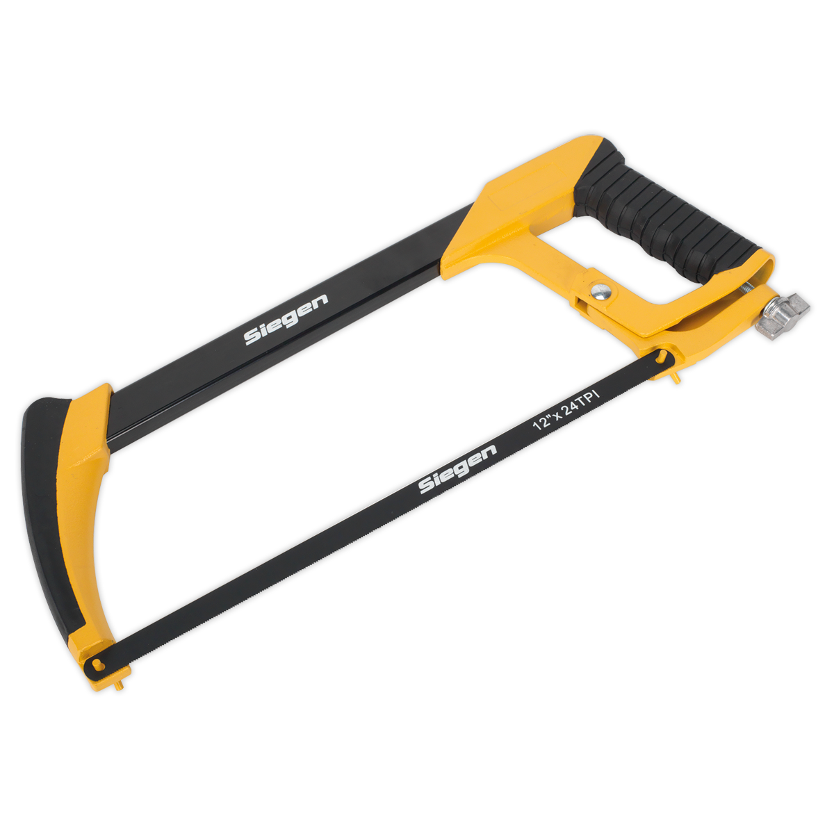 A yellow and black metal hand saw with a 12-inch carbon steel blade and 24 teeth per inch, featuring the brand name "Sealey" on the hacksaw frame and identified as the Engineer's Hacksaw 300mm - S01101.