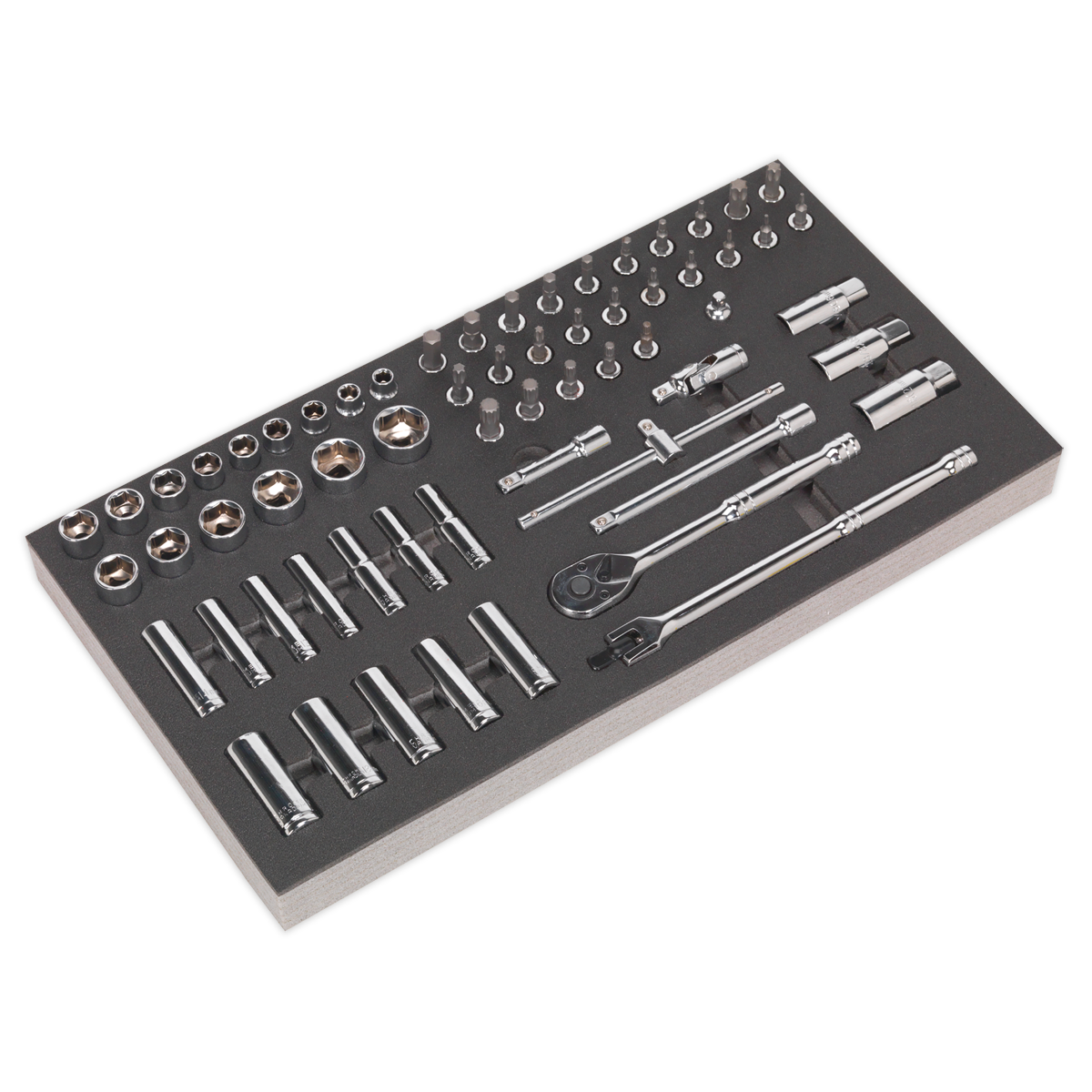 The Tool Tray with Socket Set 62pc 3/8"Sq Drive Metric - S01120 by Sealey, featuring various socket wrenches and attachments organized in a black foam tray, is part of the Siegen tool trays collection and comes with a lifetime guarantee.