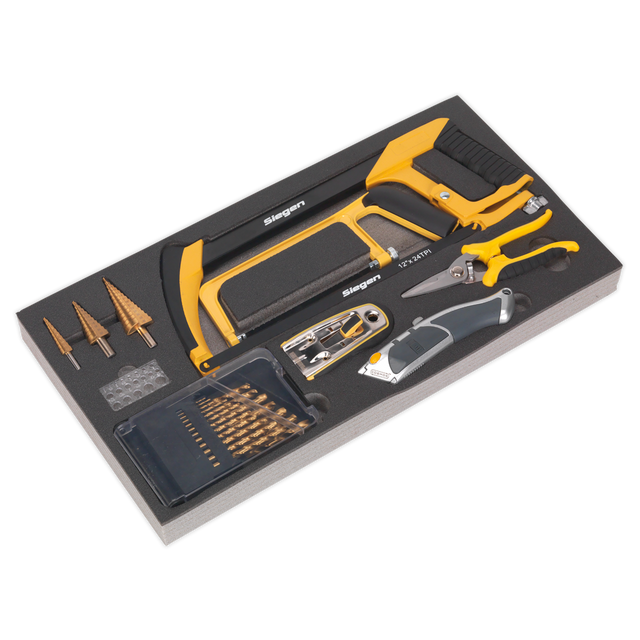 A Sealey Tool Tray with Cutting & Drilling Set 28pc - S01133, featuring a foam-lined case that includes drill bits, a screwdriver with multiple heads, saw blades, and other quality tools.