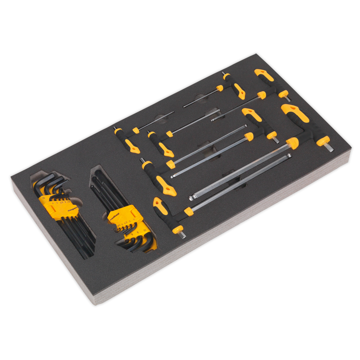 Sealey Tool Tray with T-Handle & Standard Hex Key Set 26pc (S01134), a foam-lined storage case containing a variety of yellow-handled hand tools, including hex keys, T-handle wrenches, and screwdrivers.