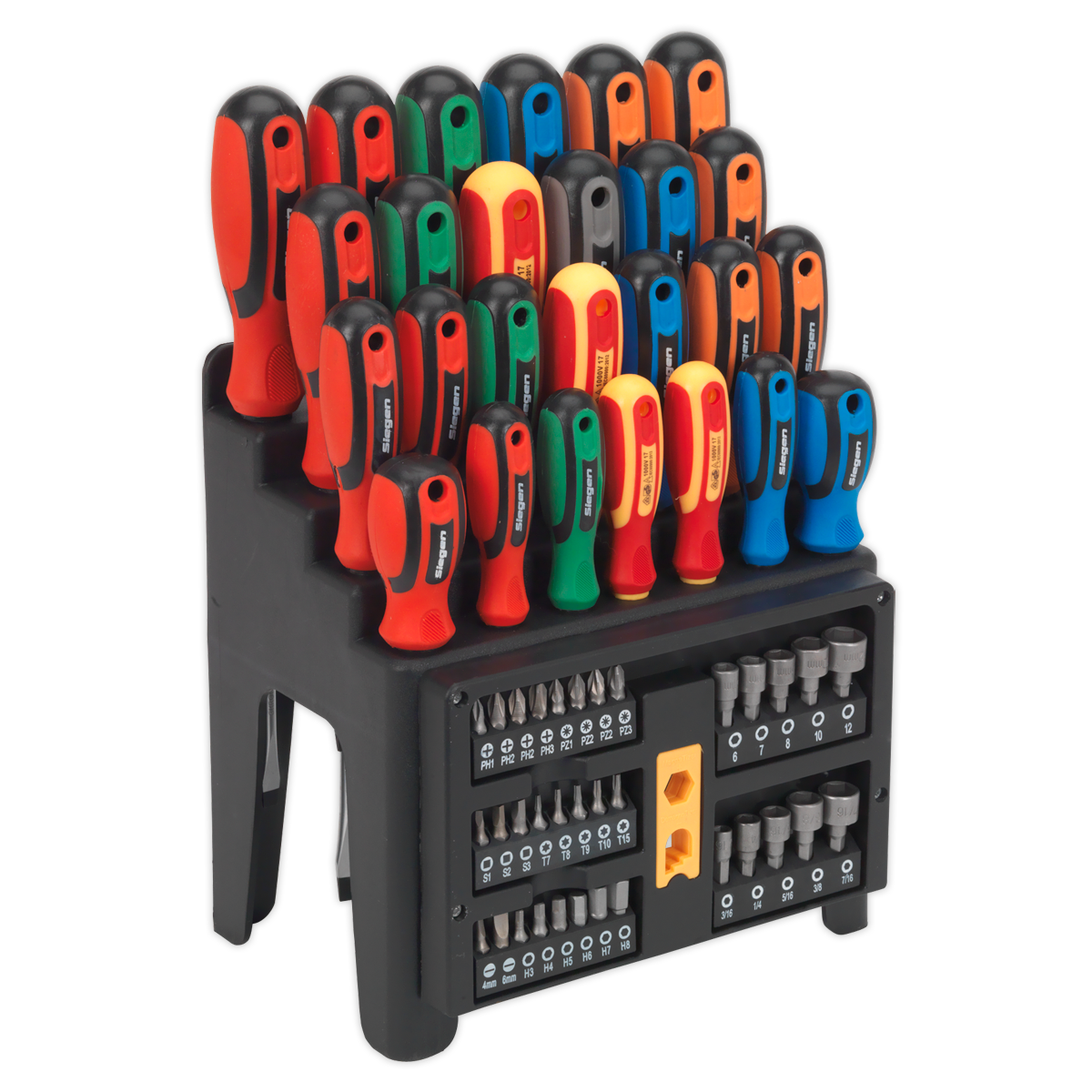 The Sealey Screwdriver, Bit & Nut Driver Set 61pc - S01152 features a range of chrome vanadium steel screwdrivers in various colors, all neatly organized in a black tool organizer. The lower section includes dedicated slots for multiple detachable bits and nut drivers.