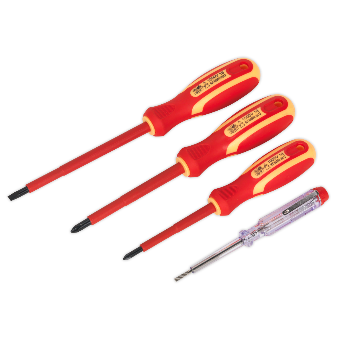 The Sealey Electrician's Screwdriver Set 4pc VDE Approved - S01155 includes four insulated screwdrivers with red and yellow handles and one voltage tester with a transparent handle, making it perfect for use on hybrid and electrical vehicles.