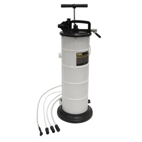 The Sealey Vacuum Oil & Fluid Extractor Manual/Air 9L - S01168 is a white cylindrical device, ideal for removing lubricating oil, and includes a black handle on top with four attached hoses lying on the floor.