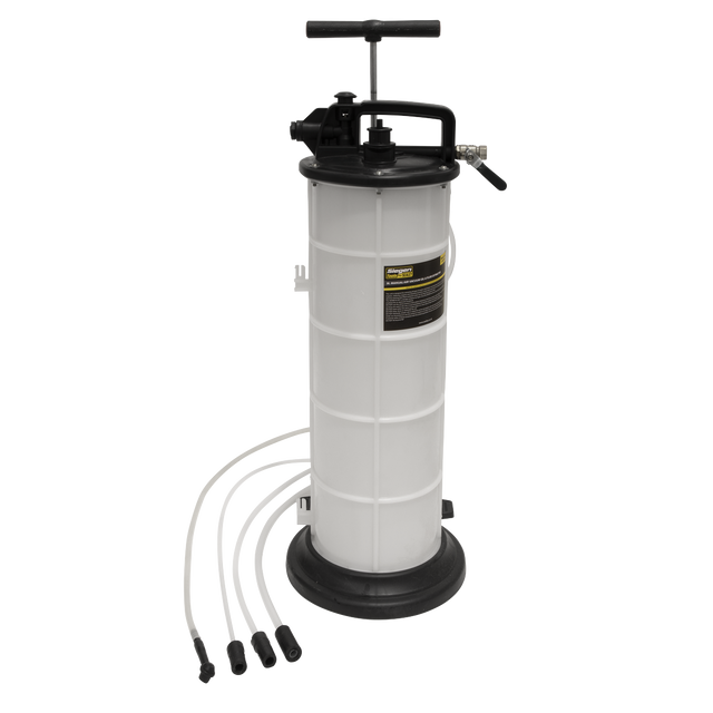 The Sealey Vacuum Oil & Fluid Extractor Manual/Air 9L - S01168 is a white cylindrical device, ideal for removing lubricating oil, and includes a black handle on top with four attached hoses lying on the floor.