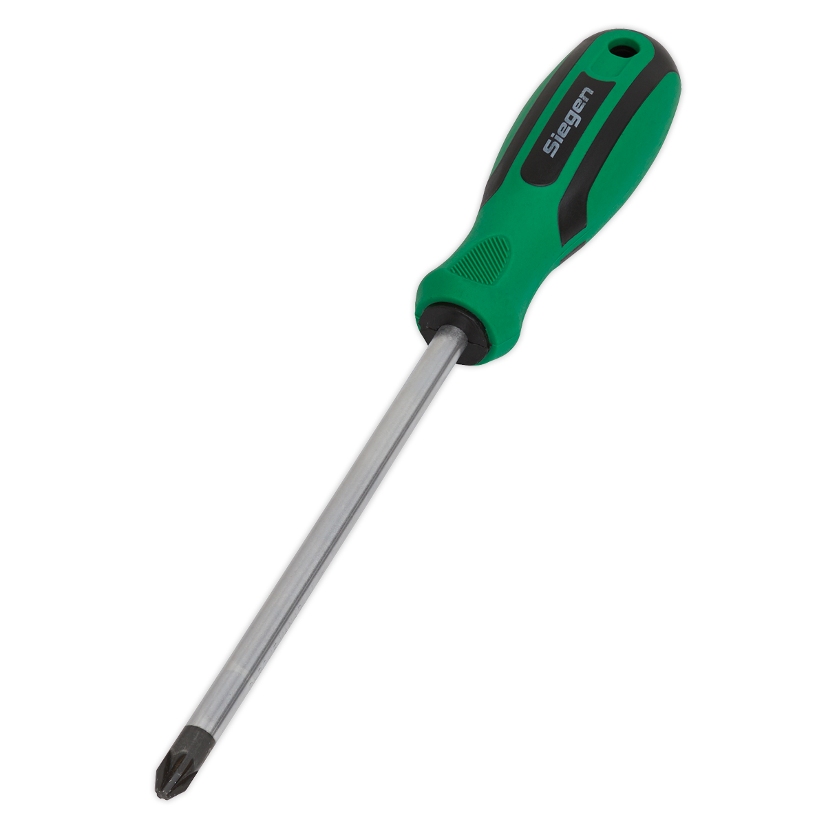 Introducing the Sealey Screwdriver Pozi #3 x 150mm - S01187, featuring a green and black ergonomic handle and a metal shaft made of Chrome Vanadium steel for exceptional durability and strength. Perfect for precision tasks, this high-quality tool embodies the excellence that Sealey is renowned for.