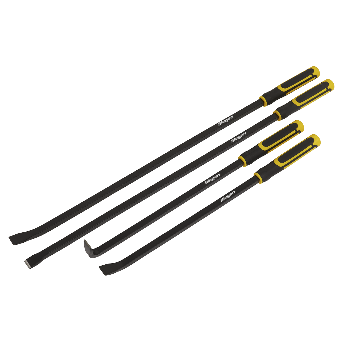 The Sealey Pry Bar Set 4pc Heavy-Duty with Hammer Cap - S01193 includes four black pry bars with high-grade steel shafts and soft grip yellow handles, arranged in ascending order of length.