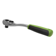The Sealey Ratchet Wrench Offset 1/2"Sq Drive - S01205, featuring a 72-tooth Chrome Vanadium steel mechanism and an anti-slip comfort grip in black and green, isolated on a white background.