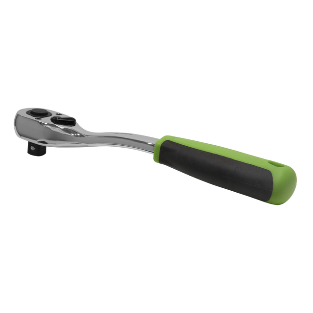 The Sealey Ratchet Wrench Offset 1/2"Sq Drive - S01205, featuring a 72-tooth Chrome Vanadium steel mechanism and an anti-slip comfort grip in black and green, isolated on a white background.