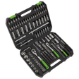 A Sealey Socket Set 171pc 1/4", 3/8" & 1/2"Sq Drive WallDrive® Metric - S01211 in a black plastic case, opens to reveal a comprehensive collection of professional tools, including ratchets and various sockets crafted from durable chrome vanadium steel, all organized neatly within compartments.