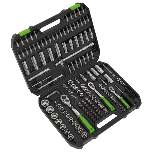 A Sealey Socket Set 171pc 1/4", 3/8" & 1/2"Sq Drive WallDrive® Metric - S01211 in a black plastic case, opens to reveal a comprehensive collection of professional tools, including ratchets and various sockets crafted from durable chrome vanadium steel, all organized neatly within compartments.