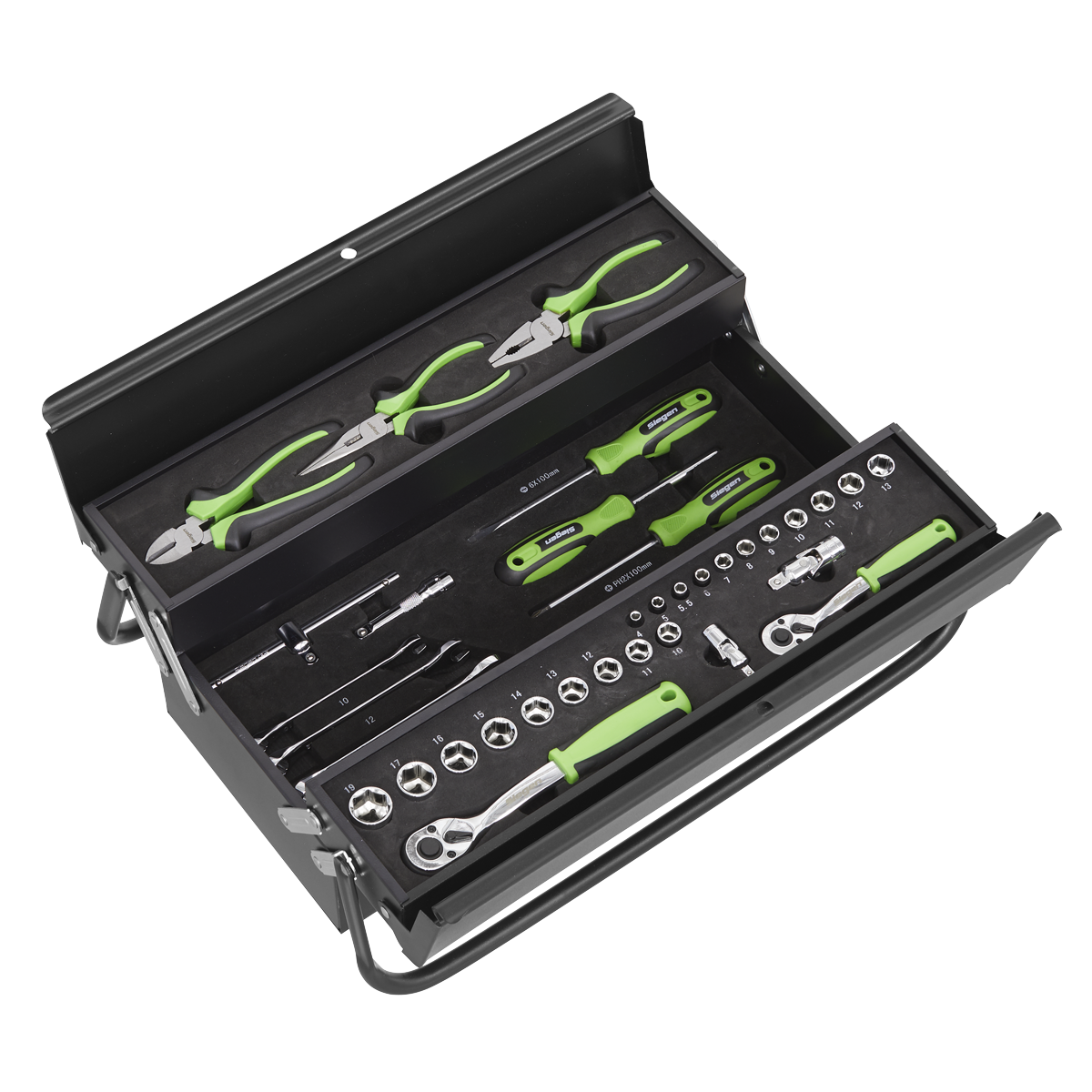 A Sealey Cantilever Toolbox with Tool Kit 70pc (S01215), featuring green-handled tools including pliers, screwdrivers, reversible ratchet wrenches, and a socket set, all neatly arranged in organized compartments.