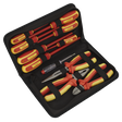 The Sealey Electrical VDE Tool Kit 11pc - S01219 is a set of high-quality, insulated tools, including screwdrivers and pliers, perfect for electricians, all organized in a black zippered case.