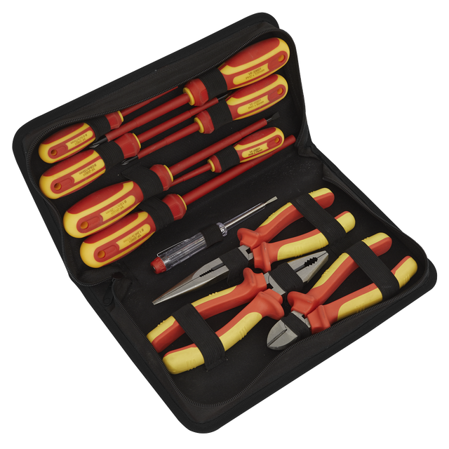 The Sealey Electrical VDE Tool Kit 11pc - S01219 is a set of high-quality, insulated tools, including screwdrivers and pliers, perfect for electricians, all organized in a black zippered case.