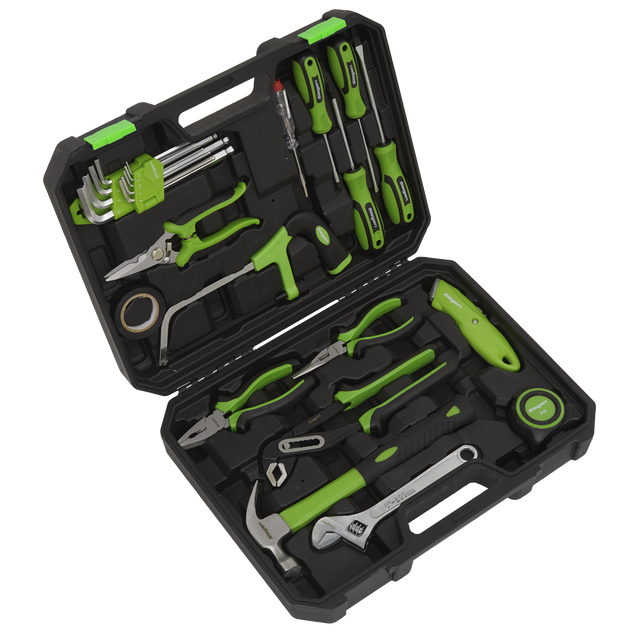 Introducing the Tool Kit 24pc - S01222 by Sealey, a sleek black and green hard plastic toolkit. This high-quality set includes essential tools such as screwdrivers, pliers, a hammer, wrenches, hex keys, and a measuring tape. The open case reveals an organized layout with some tools featuring soft grip handles for enhanced comfort.