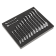The Sealey Combination Spanner Set 14pc Stubby - S01232 comes neatly arranged in a black foam tray and includes a lifetime guarantee.
