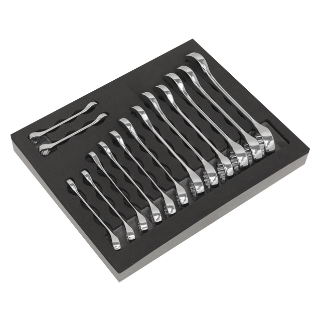 The Sealey Combination Spanner Set 14pc Stubby - S01232 comes neatly arranged in a black foam tray and includes a lifetime guarantee.