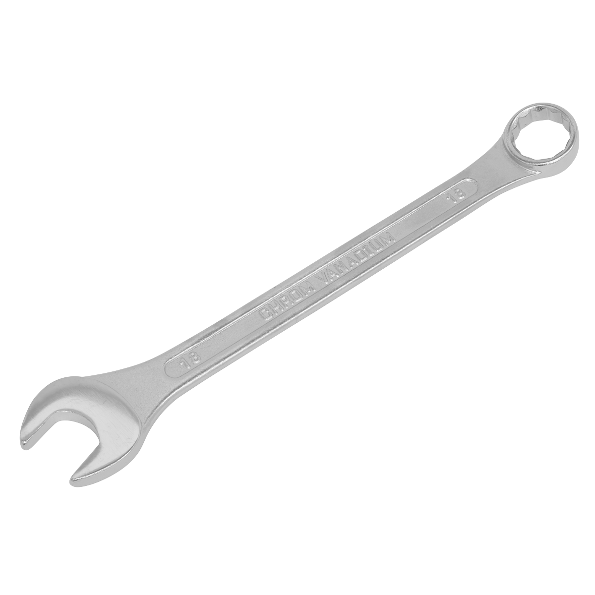 An 18mm Combination Spanner (S0418) from the brand Sealey, made from durable Chrome Vanadium steel, featuring an open-end on one side and a closed-loop on the other, is lying against a white background. This Siegen by Sealey tool comes with a lifetime guarantee.