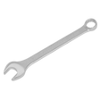 The Sealey Combination Spanner 19mm - S0419 is a silver wrench featuring both an open end and a box end, crafted from durable Chrome Vanadium steel, ensuring it meets the DIN standard for quality tools.
