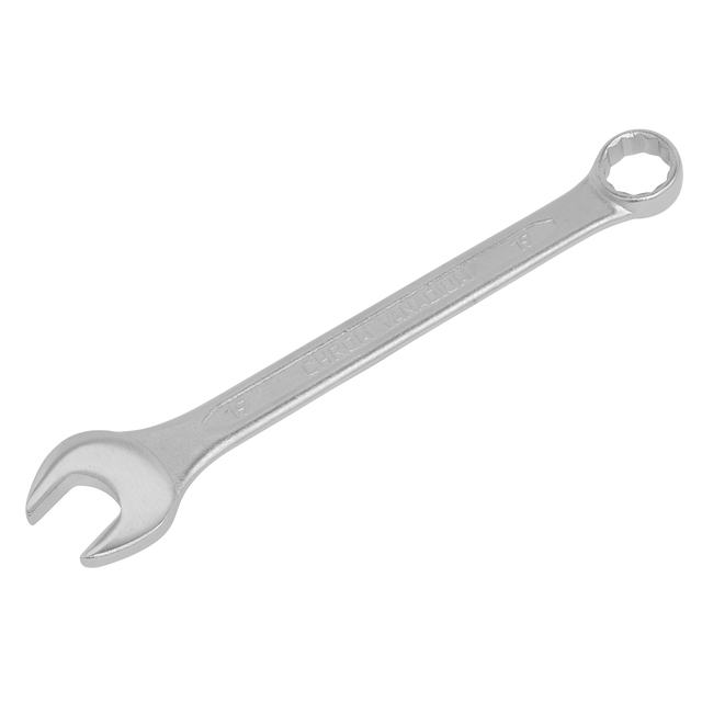 The Sealey Combination Spanner 19mm - S0419 is a silver wrench featuring both an open end and a box end, crafted from durable Chrome Vanadium steel, ensuring it meets the DIN standard for quality tools.