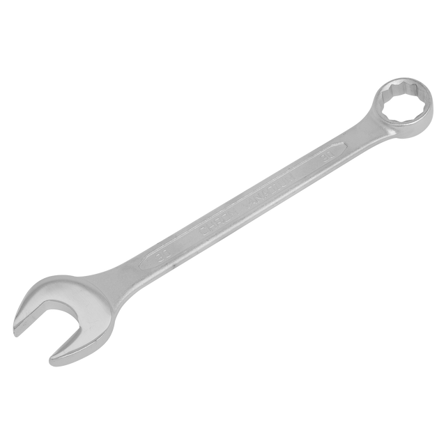 A Sealey Combination Spanner 30mm - S0430 made of Chrome Vanadium steel, featuring an open-end and a box-end on opposite sides, lying flat on a white background. This quality tool comes with a lifetime guarantee.
