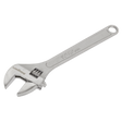 The Sealey Adjustable Wrench 375mm - S0454 is a silver, hardened steel tool with a measurement scale on the jaw for precise gripping and turning of nuts and bolts. It features a chrome-plated finish and includes a hole at the handle's end for convenient hanging, making it an essential addition to any quality tools collection.