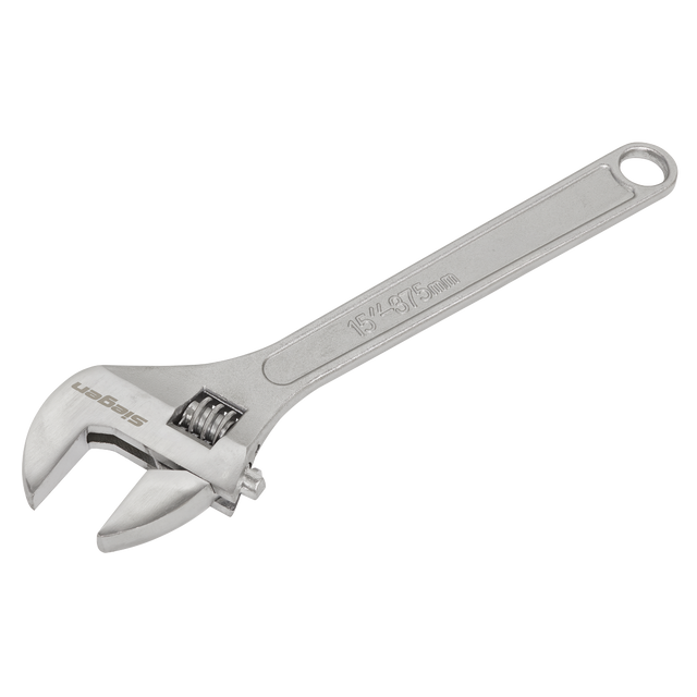 The Sealey Adjustable Wrench 375mm - S0454 is a silver, hardened steel tool with a measurement scale on the jaw for precise gripping and turning of nuts and bolts. It features a chrome-plated finish and includes a hole at the handle's end for convenient hanging, making it an essential addition to any quality tools collection.