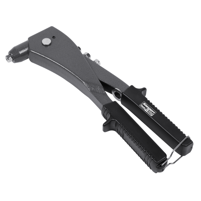 The Sealey Riveter Hand - S0469 is a handheld rivet gun that features heavy-duty jaws, a lever, and a spring-loaded handle, all with a sleek black and metallic finish.