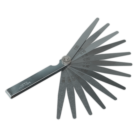 The Sealey Feeler Gauge 13 Blade - Metric - S0517 features multiple metal blades of varying thicknesses for measuring gaps and comes with a lifetime guarantee.