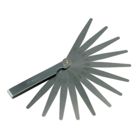 The Sealey Feeler Gauge 13 Blade - Imperial - S0518 is a fan-shaped tool with individual metal blades of varying thicknesses, commonly used for measuring gap widths.