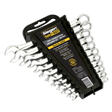 The Sealey Combination Spanner Set 11pc Metric - S0562 features 11 spanners in various sizes, expertly forged from Chrome Vanadium steel for enhanced corrosion resistance, and is organized in a black plastic holder with a label detailing specifications.