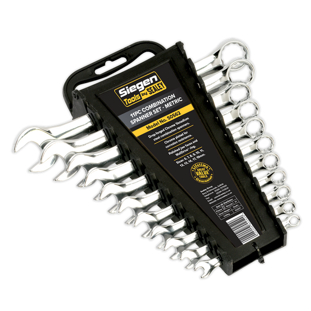 The Sealey Combination Spanner Set 11pc Metric - S0562 features 11 spanners in various sizes, expertly forged from Chrome Vanadium steel for enhanced corrosion resistance, and is organized in a black plastic holder with a label detailing specifications.