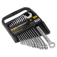 The Sealey Combination Spanner Set 12pc Metric - S0563, featuring various sizes arranged in a black plastic holder, comes labeled as high-quality tools made from Chrome Vanadium steel, ensuring excellent corrosion resistance.