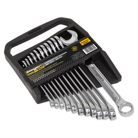 The Sealey Combination Spanner Set 12pc Metric - S0563, featuring various sizes arranged in a black plastic holder, comes labeled as high-quality tools made from Chrome Vanadium steel, ensuring excellent corrosion resistance.