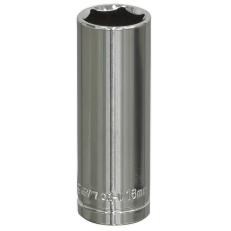 A Sealey WallDrive® Socket 16mm deep 3/8" square drive attachment, crafted from high-grade carbon steel for enhanced durability.