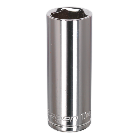 Introducing the Sealey WallDrive® Socket 17mm Deep 3/8"Sq Drive - S0595, a high-grade carbon steel socket featuring a shiny, metallic finish and six-point opening. Ideal for use with a ratchet to tighten or loosen nuts and bolts, this durable tool is part of the renowned Siegen by Sealey range.