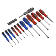The Sealey Soft Grip Screwdriver & Bit Set 23pc - S0598 includes an assortment of screwdrivers and bits with various tip types and sizes, all featuring soft grip handles designed for comfort and durability. Made from Chrome Vanadium steel, these tools come with interchangeable bits and color-coded handles in red, blue, and grey.