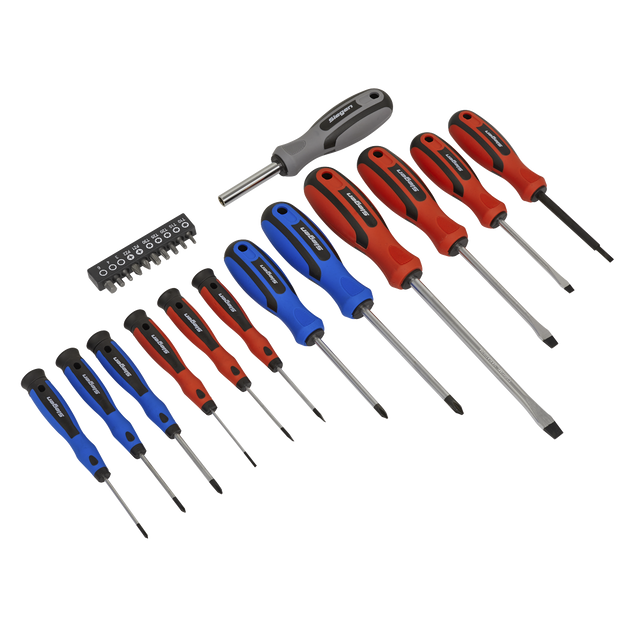 The Sealey Soft Grip Screwdriver & Bit Set 23pc - S0598 includes an assortment of screwdrivers and bits with various tip types and sizes, all featuring soft grip handles designed for comfort and durability. Made from Chrome Vanadium steel, these tools come with interchangeable bits and color-coded handles in red, blue, and grey.