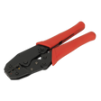 Introducing the Ratchet Crimping Tool Insulated Terminals - S0604 by Sealey, featuring robust steel construction and red handles, specifically designed for forming secure connections on electrical cables with terminal suitability.