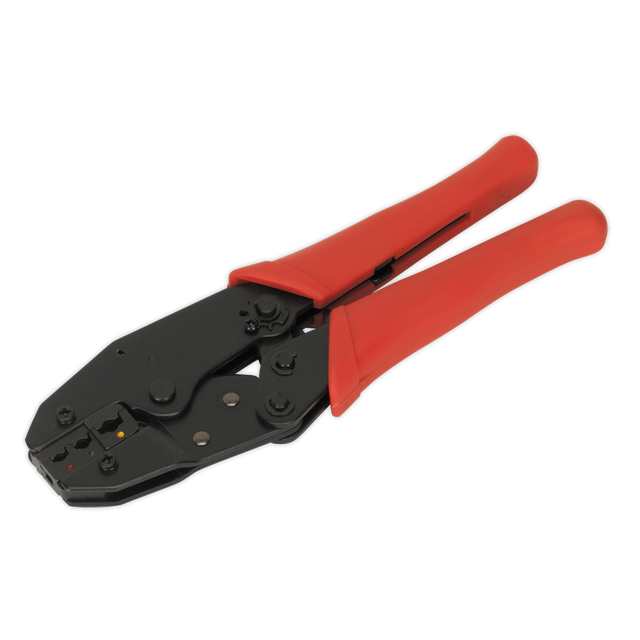 Introducing the Ratchet Crimping Tool Insulated Terminals - S0604 by Sealey, featuring robust steel construction and red handles, specifically designed for forming secure connections on electrical cables with terminal suitability.